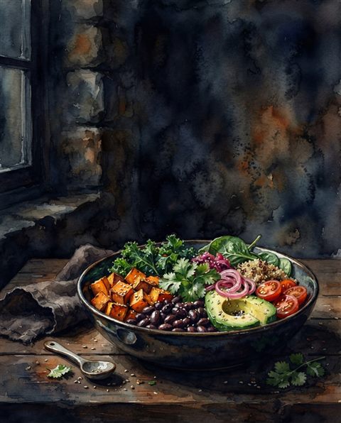 Watercolor illustration of a healthy colorful meal bowl, wide shot with open space at the top for text, moody dark tones, dramatic lighting, 4:5 aspect ratio