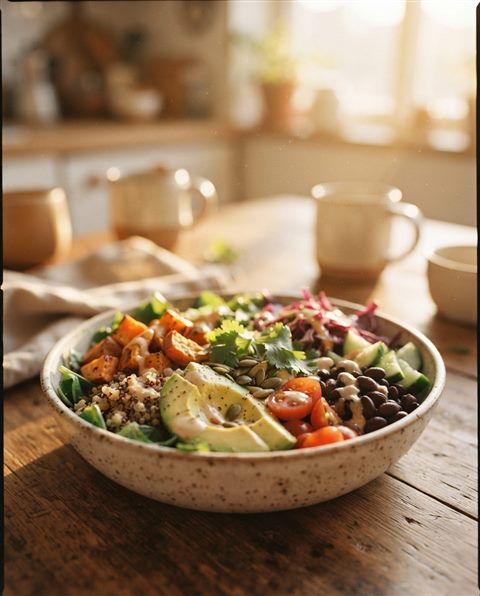 Cinematic film still of a healthy colorful meal bowl, close-up detail with shallow depth of field, warm golden light, calm mood, 4:5 aspect ratio