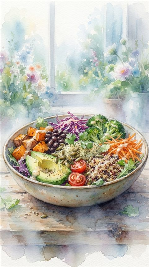 Watercolor illustration of a healthy colorful meal bowl, close-up detail with shallow depth of field, misty morning haze, dreamy, 9:16 aspect ratio