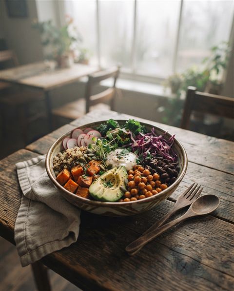 Cinematic film still of a healthy colorful meal bowl, high-angle view from above, misty morning haze, dreamy, 4:5 aspect ratio
