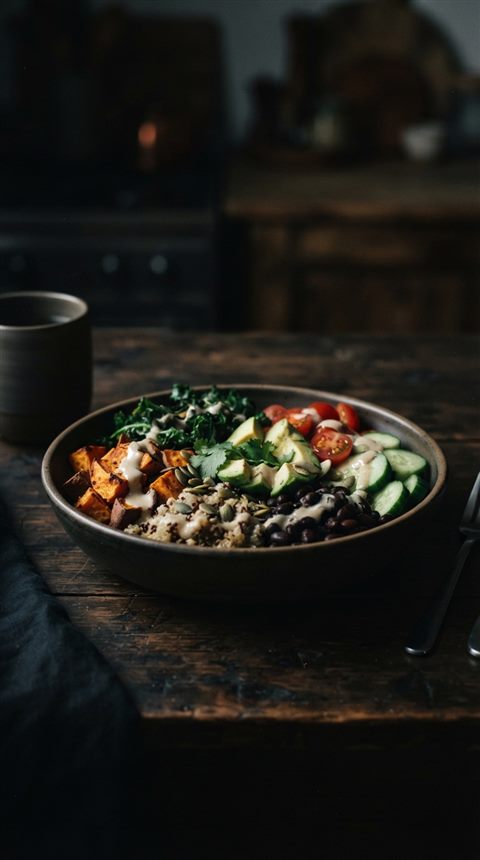 Cinematic film still of a healthy colorful meal bowl, centered subject with a simple uncluttered composition, moody dark tones, dramatic lighting, 9:16 aspect ratio