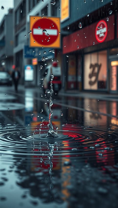 Photorealistic photo of Heavy raindrops splashing and creating ripples in a puddle on a stormy day, close-up detail with shallow depth of field, moody dark tones, dramatic lighting, 9:16 aspect ratio