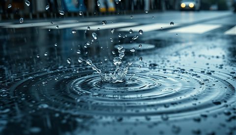 Cinematic film still of Heavy raindrops splashing and creating ripples in a puddle on a stormy day, close-up detail with shallow depth of field, vivid colors, high contrast, energetic, 16:9 aspect ratio
