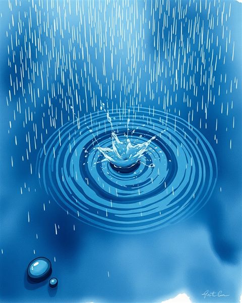 Watercolor illustration of Heavy raindrops splashing and creating ripples in a puddle on a stormy day, high-angle view from above, cool blue tones, quiet atmosphere, 4:5 aspect ratio