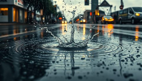 Photorealistic photo of Heavy raindrops splashing and creating ripples in a puddle on a stormy day, centered subject with a simple uncluttered composition, warm golden light, calm mood, 16:9 aspect ratio
