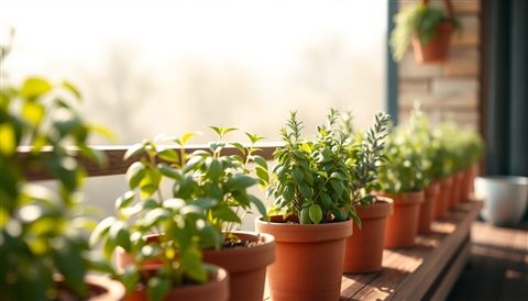 Soft 3D render of Fresh green basil and rosemary plants growing in small pots on a sunny wooden balcony, close-up detail with shallow depth of field, misty morning haze, dreamy, 16:9 aspect ratio