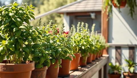 Cinematic film still of Fresh green basil and rosemary plants growing in small pots on a sunny wooden balcony, wide shot with open space at the top for text, vivid colors, high contrast, energetic, 16:9 aspect ratio