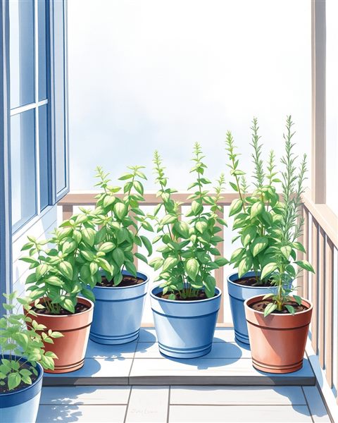 Watercolor illustration of Fresh green basil and rosemary plants growing in small pots on a sunny wooden balcony, centered subject with a simple uncluttered composition, cool blue tones, quiet atmosphere, 4:5 aspect ratio