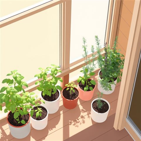 Minimal flat illustration of Fresh green basil and rosemary plants growing in small pots on a sunny wooden balcony, high-angle view from above, soft pastel colors, bright and cozy, 1:1 aspect ratio