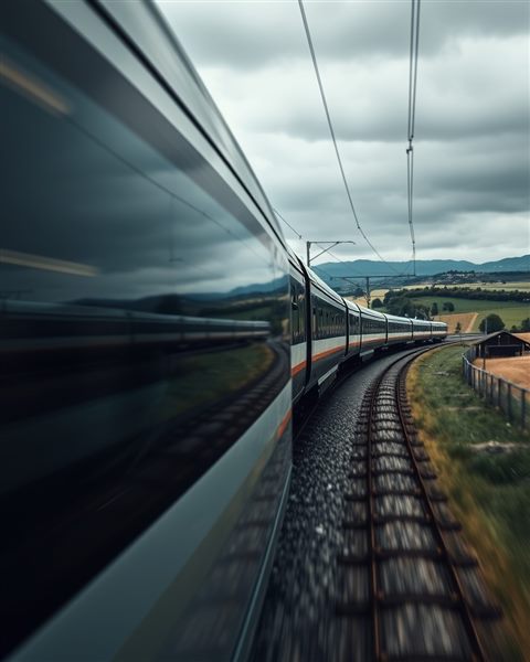 Photorealistic photo of A sleek modern high-speed train blurring past a scenic countryside landscape, close-up detail with shallow depth of field, moody dark tones, dramatic lighting, 4:5 aspect ratio