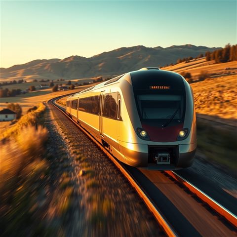 Photorealistic photo of A sleek modern high-speed train blurring past a scenic countryside landscape, centered subject with a simple uncluttered composition, warm golden light, calm mood, 1:1 aspect ratio