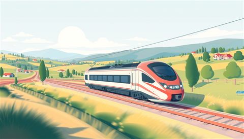 Minimal flat illustration of A sleek modern high-speed train blurring past a scenic countryside landscape, wide shot with open space at the top for text, soft pastel colors, bright and cozy, 16:9 aspect ratio
