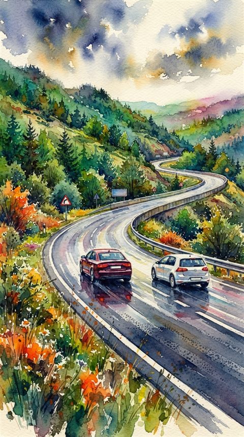 Watercolor illustration of a highway winding through hills, close-up detail with shallow depth of field, vivid colors, high contrast, energetic, 9:16 aspect ratio