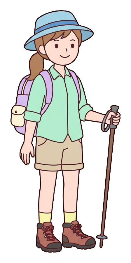 Simple cute flat cartoon illustration with soft pastel colors and thin clean dark outlines of a young woman, hiker with a backpack and a trekking pole, transparent background PNG
