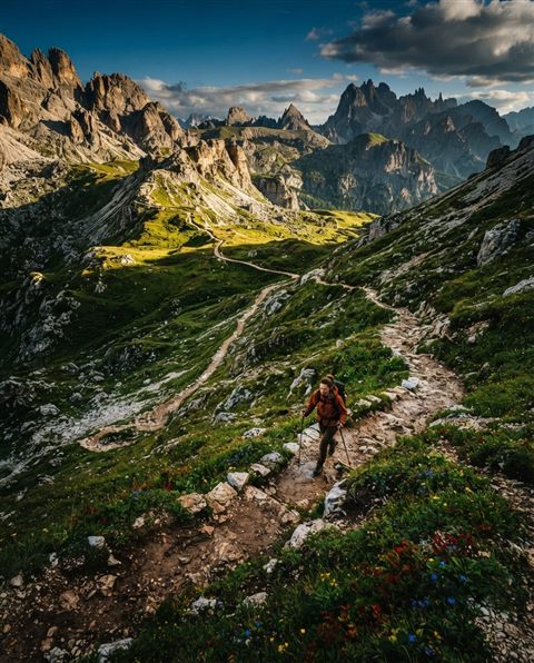 Cinematic film still of hiking trail, high-angle view from above, vivid colors, high contrast, energetic, 4:5 aspect ratio