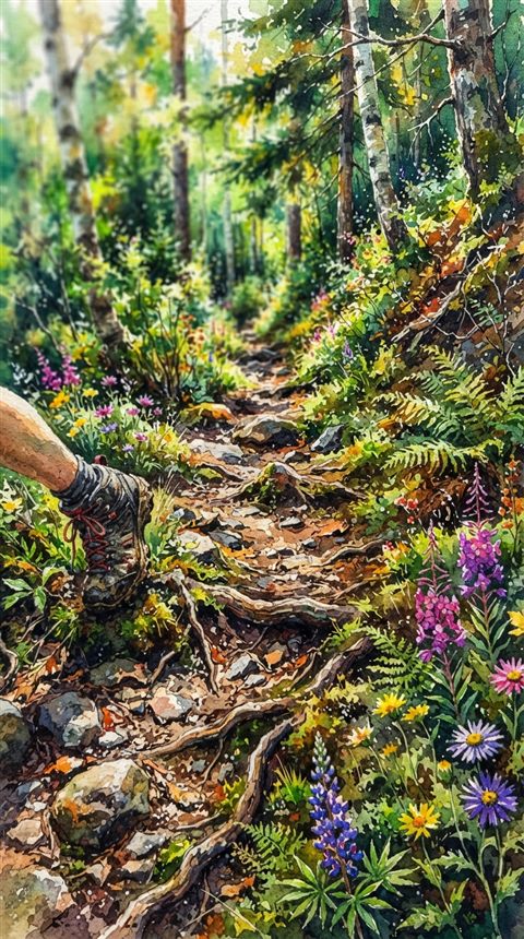 Watercolor illustration of hiking trail, close-up detail with shallow depth of field, vivid colors, high contrast, energetic, 9:16 aspect ratio
