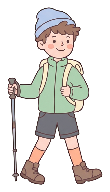Simple cute flat cartoon illustration with soft pastel colors and thin clean dark outlines of a young man, hiker with a backpack and a trekking pole, transparent background PNG