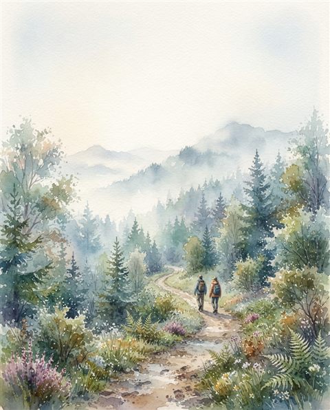Watercolor illustration of hiking trail, wide shot with open space at the top for text, misty morning haze, dreamy, 4:5 aspect ratio