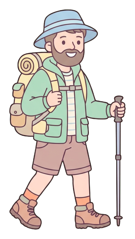 Simple cute flat cartoon illustration with soft pastel colors and thin clean dark outlines of a middle-aged man, hiker with a backpack and a trekking pole, transparent background PNG