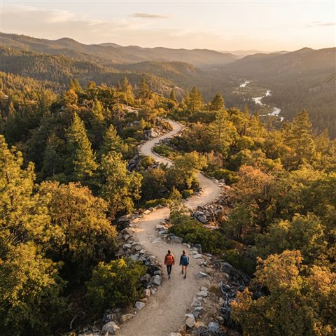 Photorealistic photo of hiking trail, high-angle view from above, warm golden light, calm mood, 1:1 aspect ratio
