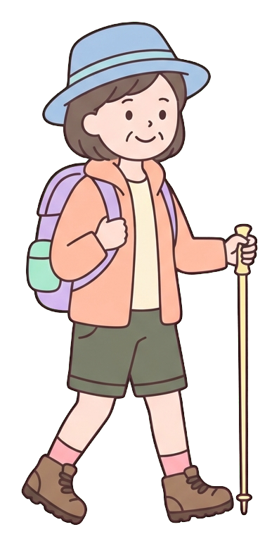 Simple cute flat cartoon illustration with soft pastel colors and thin clean dark outlines of a middle-aged woman, hiker with a backpack and a trekking pole, transparent background PNG