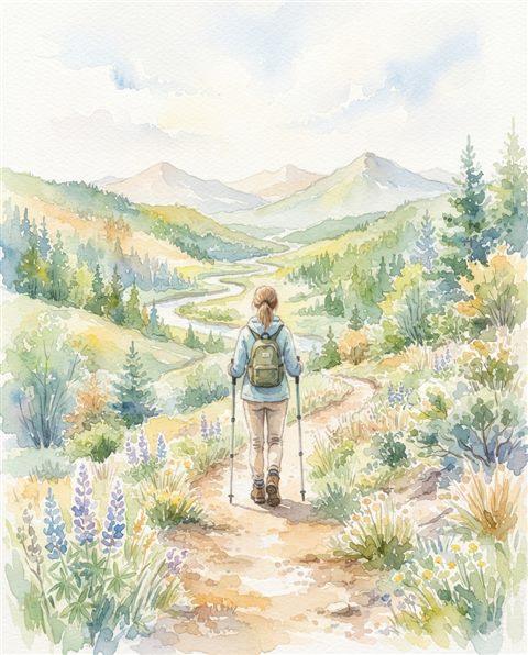 Watercolor illustration of hiking trail, centered subject with a simple uncluttered composition, soft pastel colors, bright and cozy, 4:5 aspect ratio