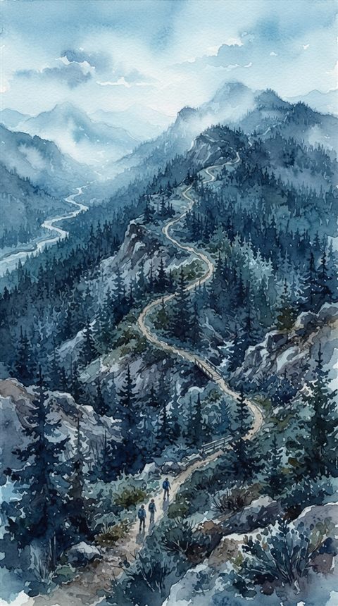 Watercolor illustration of hiking trail, high-angle view from above, cool blue tones, quiet atmosphere, 9:16 aspect ratio
