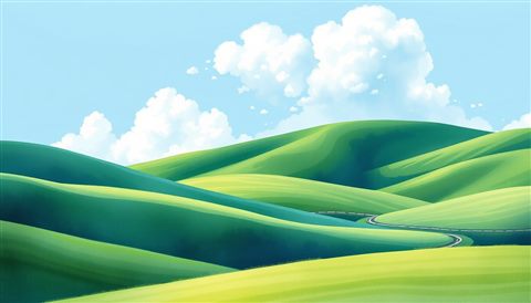 Watercolor illustration of Rolling green hills under a bright sky with fluffy white clouds, centered subject with a simple uncluttered composition, cool blue tones, quiet atmosphere, 16:9 aspect ratio