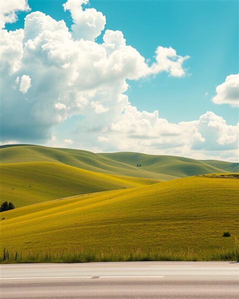Cinematic film still of Rolling green hills under a bright sky with fluffy white clouds, wide shot with open space at the top for text, vivid colors, high contrast, energetic, 4:5 aspect ratio