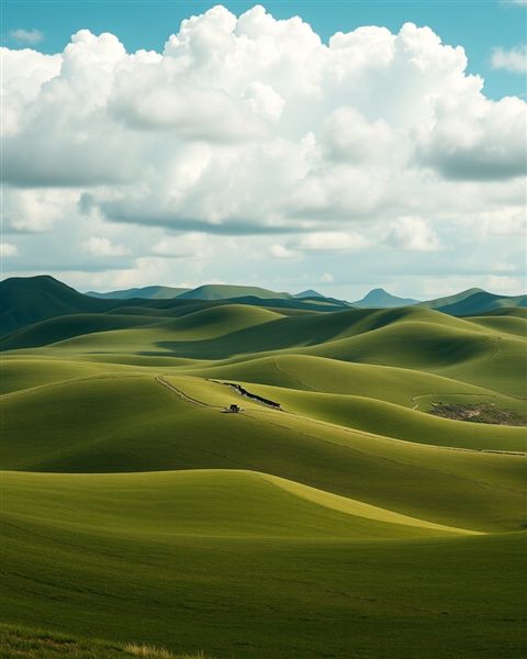 Photorealistic photo of Rolling green hills under a bright sky with fluffy white clouds, wide shot with open space at the top for text, moody dark tones, dramatic lighting, 4:5 aspect ratio