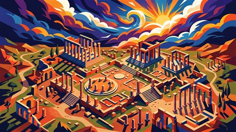 Minimal flat illustration of ancient ruins under a dramatic sky, high-angle view from above, vivid colors, high contrast, energetic, 16:9 aspect ratio