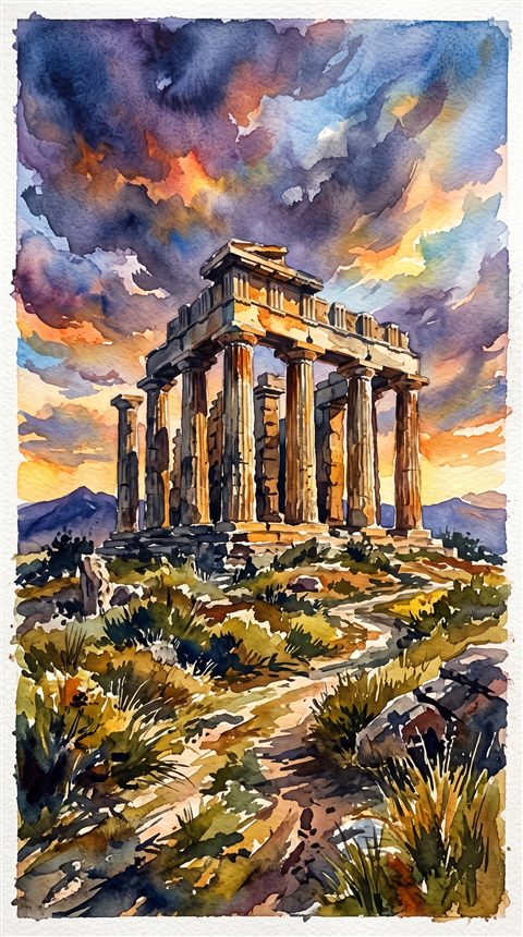 Watercolor illustration of ancient ruins under a dramatic sky, centered subject with a simple uncluttered composition, vivid colors, high contrast, energetic, 9:16 aspect ratio