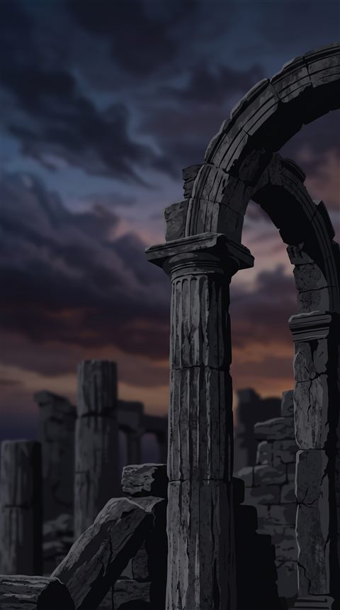 Minimal flat illustration of ancient ruins under a dramatic sky, close-up detail with shallow depth of field, moody dark tones, dramatic lighting, 9:16 aspect ratio
