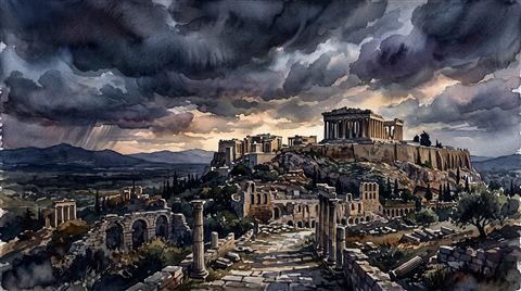 Watercolor illustration of ancient ruins under a dramatic sky, wide shot with open space at the top for text, moody dark tones, dramatic lighting, 16:9 aspect ratio