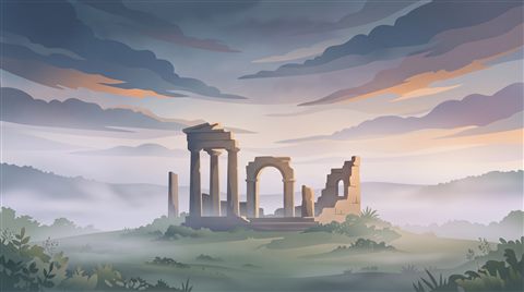 Minimal flat illustration of ancient ruins under a dramatic sky, centered subject with a simple uncluttered composition, misty morning haze, dreamy, 16:9 aspect ratio
