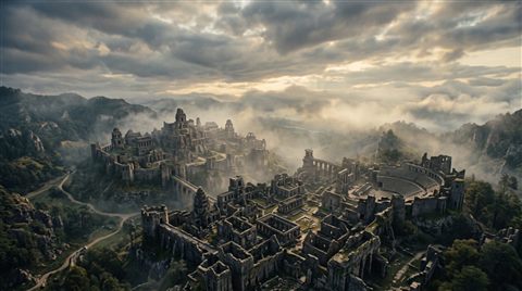Cinematic film still of ancient ruins under a dramatic sky, high-angle view from above, misty morning haze, dreamy, 16:9 aspect ratio