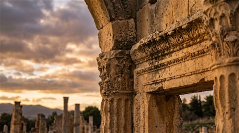 Cinematic film still of ancient ruins under a dramatic sky, close-up detail with shallow depth of field, warm golden light, calm mood, 16:9 aspect ratio