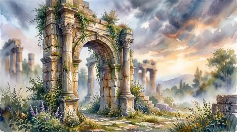 Watercolor illustration of ancient ruins under a dramatic sky, close-up detail with shallow depth of field, misty morning haze, dreamy, 16:9 aspect ratio