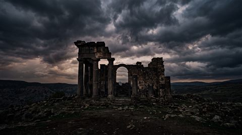 Cinematic film still of ancient ruins under a dramatic sky, centered subject with a simple uncluttered composition, moody dark tones, dramatic lighting, 16:9 aspect ratio