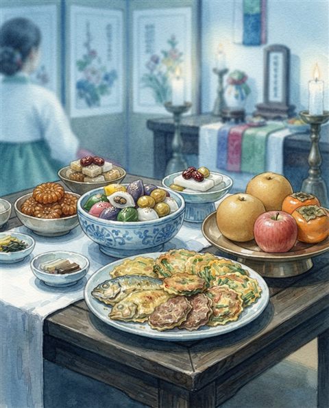 Watercolor illustration of a Korean holiday table set with jeon, fruits and rice cakes, close-up detail with shallow depth of field, cool blue tones, quiet atmosphere, 4:5 aspect ratio