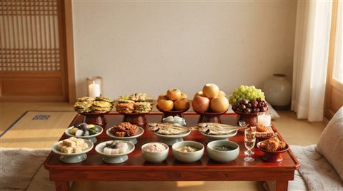 Photorealistic photo of a Korean holiday table set with jeon, fruits and rice cakes, wide shot with open space at the top for text, warm golden light, calm mood, 16:9 aspect ratio