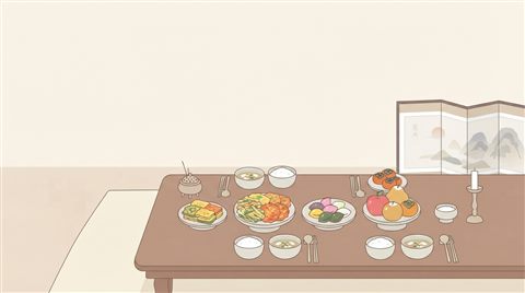 Minimal flat illustration of a Korean holiday table set with jeon, fruits and rice cakes, wide shot with open space at the top for text, soft pastel colors, bright and cozy, 16:9 aspect ratio