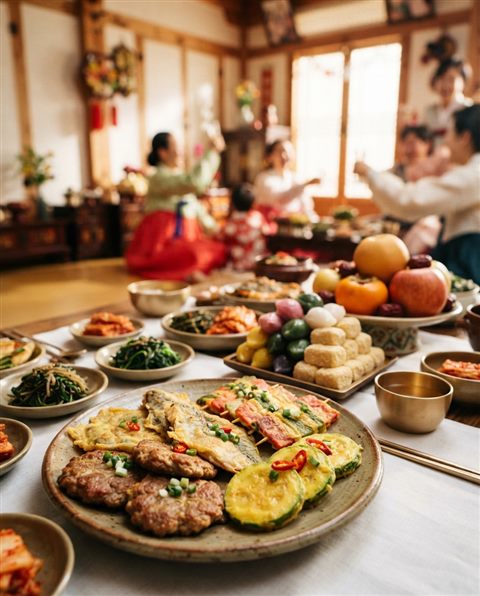 Cinematic film still of a Korean holiday table set with jeon, fruits and rice cakes, close-up detail with shallow depth of field, vivid colors, high contrast, energetic, 4:5 aspect ratio