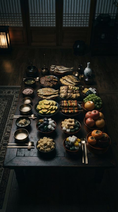 Photorealistic photo of a Korean holiday table set with jeon, fruits and rice cakes, high-angle view from above, moody dark tones, dramatic lighting, 9:16 aspect ratio