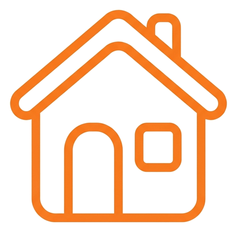 Rounded line icon, thick orange outline of a house shape home icon, transparent background PNG