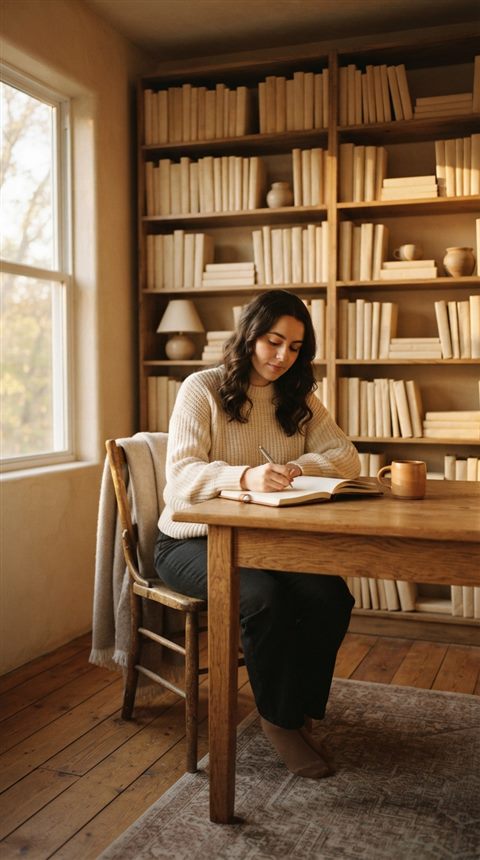 Cinematic film still of a home study room with bookshelves, centered subject with a simple uncluttered composition, warm golden light, calm mood, 9:16 aspect ratio