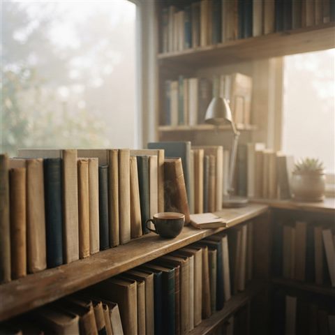 Photorealistic photo of a home study room with bookshelves, close-up detail with shallow depth of field, misty morning haze, dreamy, 1:1 aspect ratio