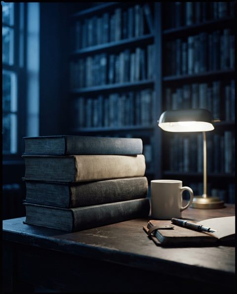 Cinematic film still of a home study room with bookshelves, close-up detail with shallow depth of field, cool blue tones, quiet atmosphere, 4:5 aspect ratio