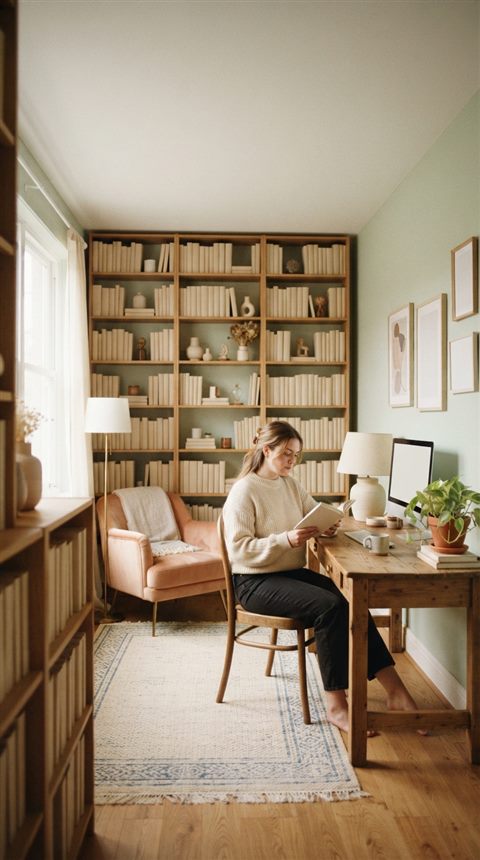 Cinematic film still of a home study room with bookshelves, wide shot with open space at the top for text, soft pastel colors, bright and cozy, 9:16 aspect ratio