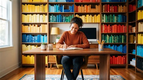 Photorealistic photo of a home study room with bookshelves, centered subject with a simple uncluttered composition, vivid colors, high contrast, energetic, 16:9 aspect ratio